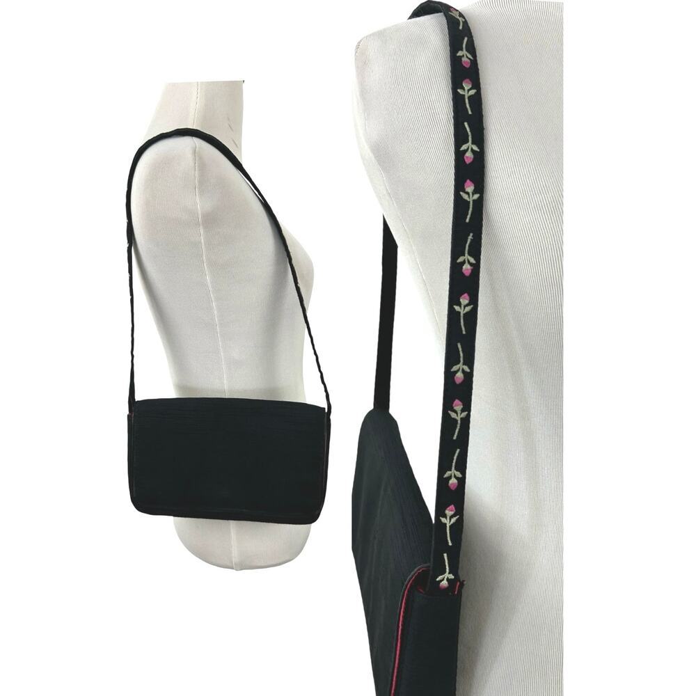 Liz Claiborne Black Satin Shoulder Bag Floral Strap Evening Formal Chic
